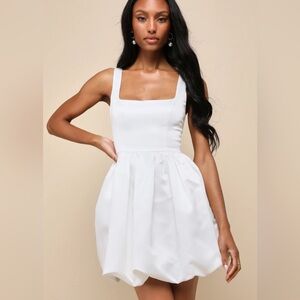 Regal Cutie White Satin Square Neck Bubble-Hem Mini Dress